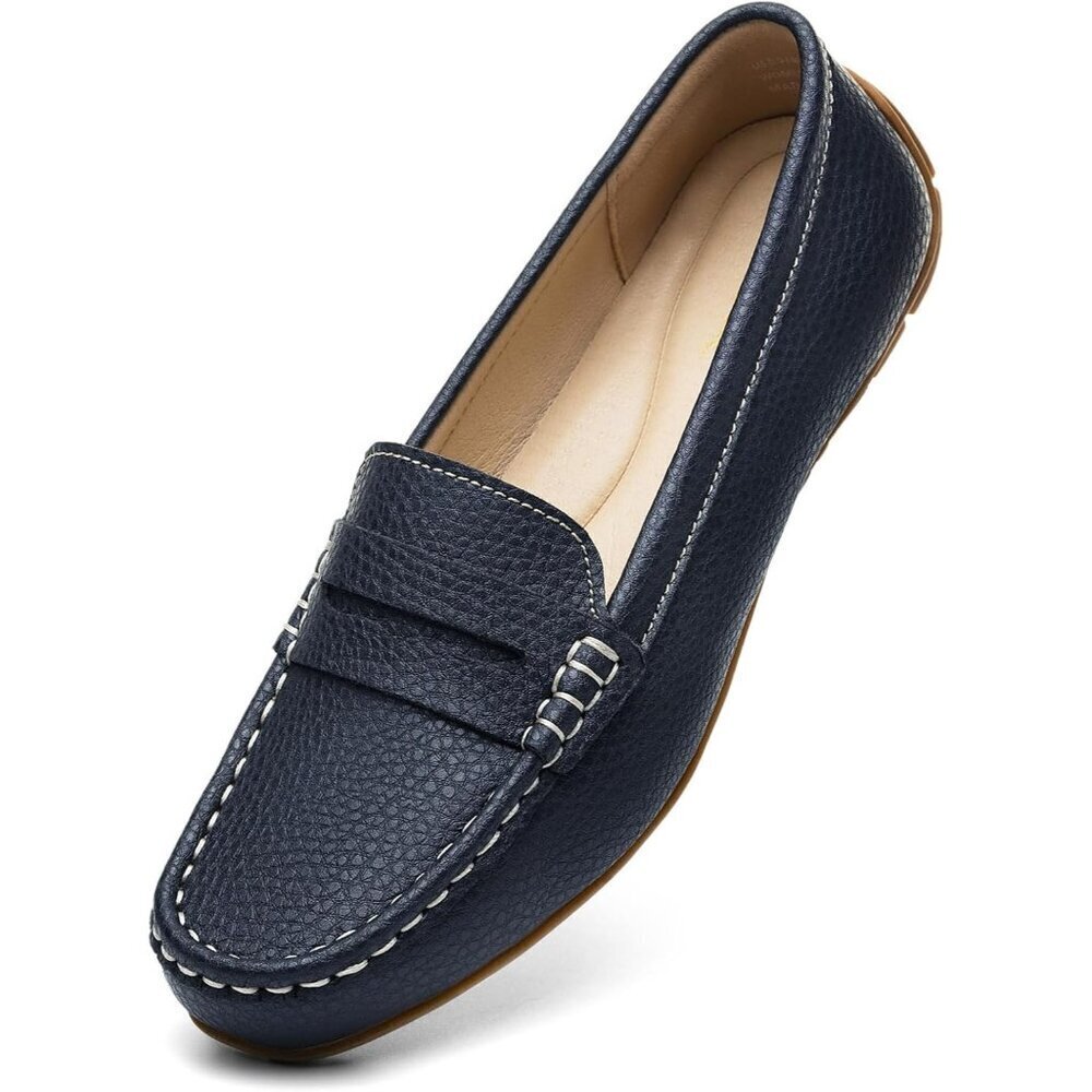Kordal Women's Navy Leather Comfortable & Lightweight Penny Loafers Flats